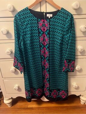 crown & ivy Teal and Magenta Patterned Midi Shift Dress